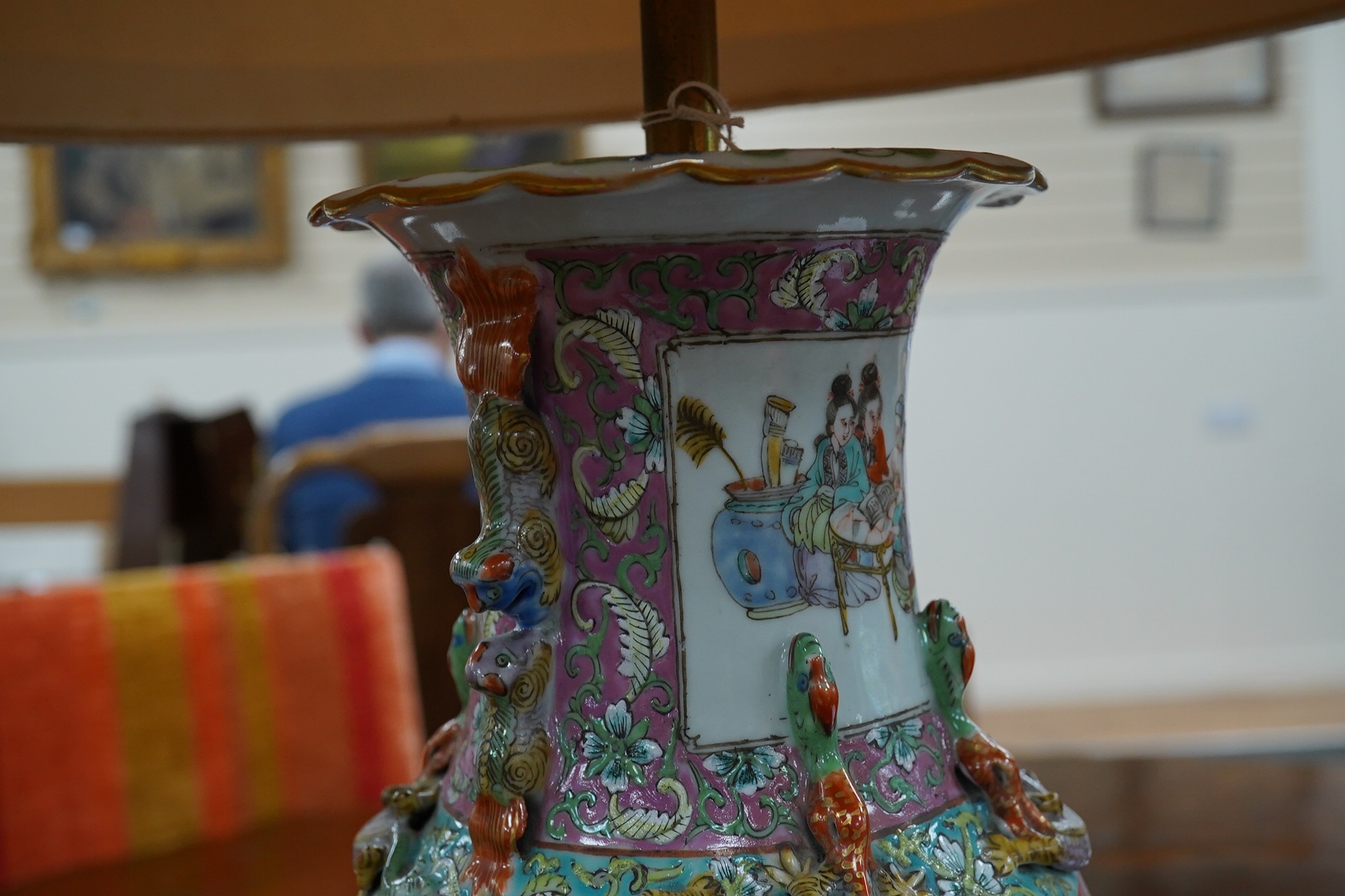 A 19th century Chinese famille rose vase converted to a lamp, 82cm total. Condition - fair to good, not tested